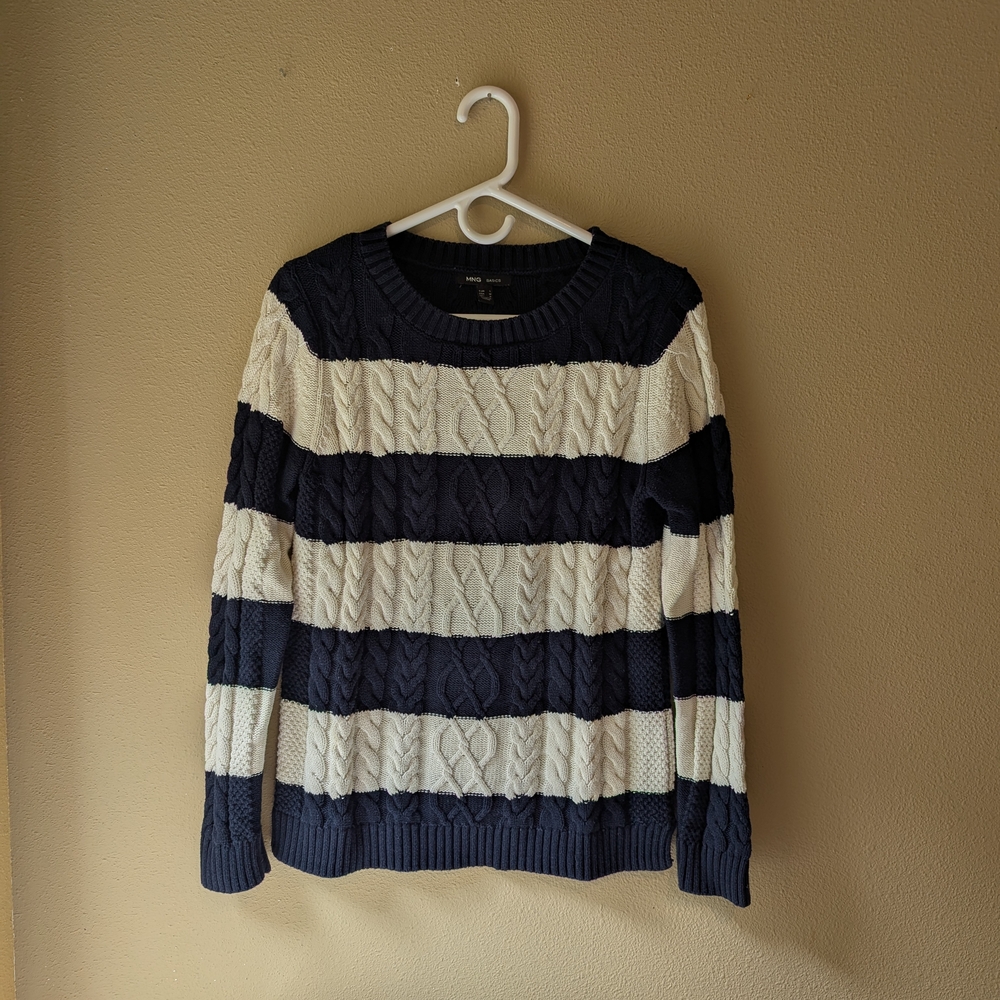 Women's Navy and Cream Striped Cable Knit Sweater